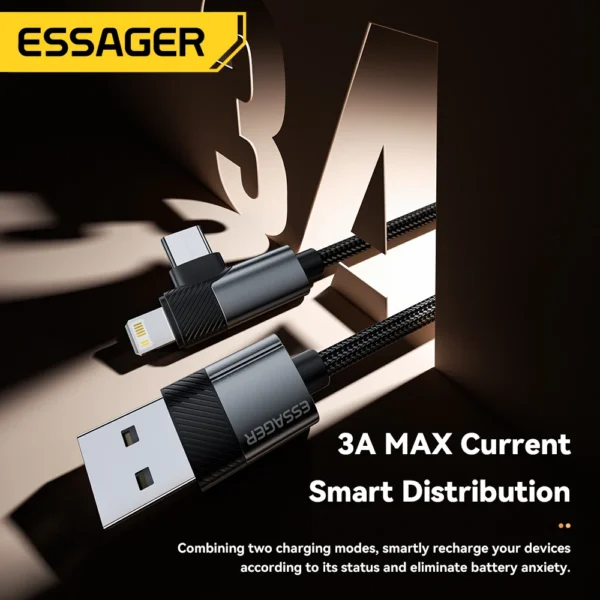 Essager 2-in-1 Right Angle Cable USB A To Typec Lighting 3A Fast Charging Elbow Data Cable For iPhone 16 15 14 Samsung iPad Pro
